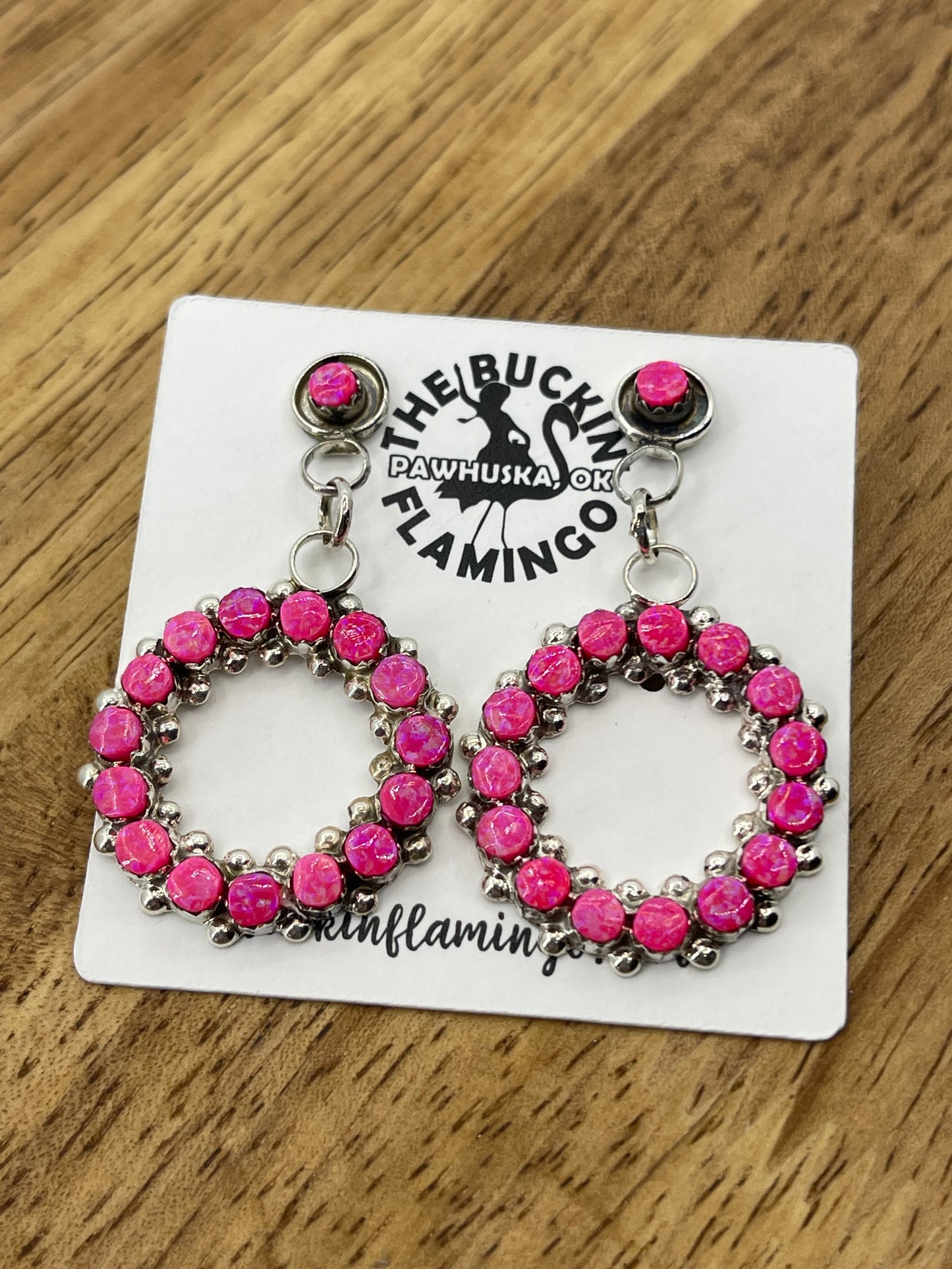 Hot Pink Opal Infinity Ring Post Dangle Earrings by Marlon Quam, Zuni