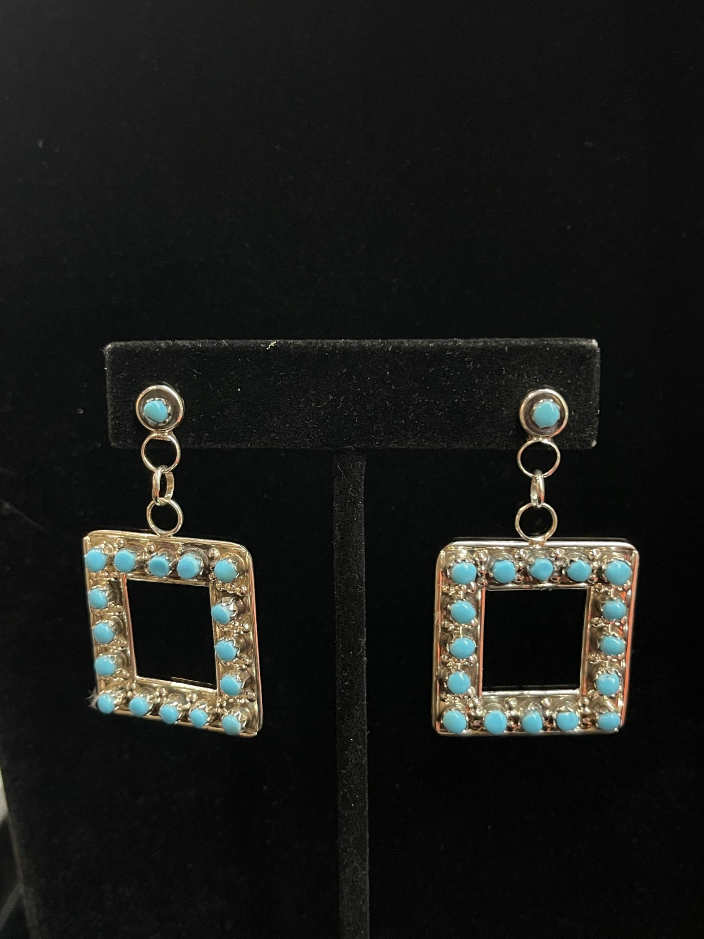 Turquoise Post Dangle Square Earrings by Marion Quam, Zuni