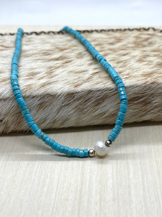 16" Turquoise Heishi Beads with Fresh Water Pearl
