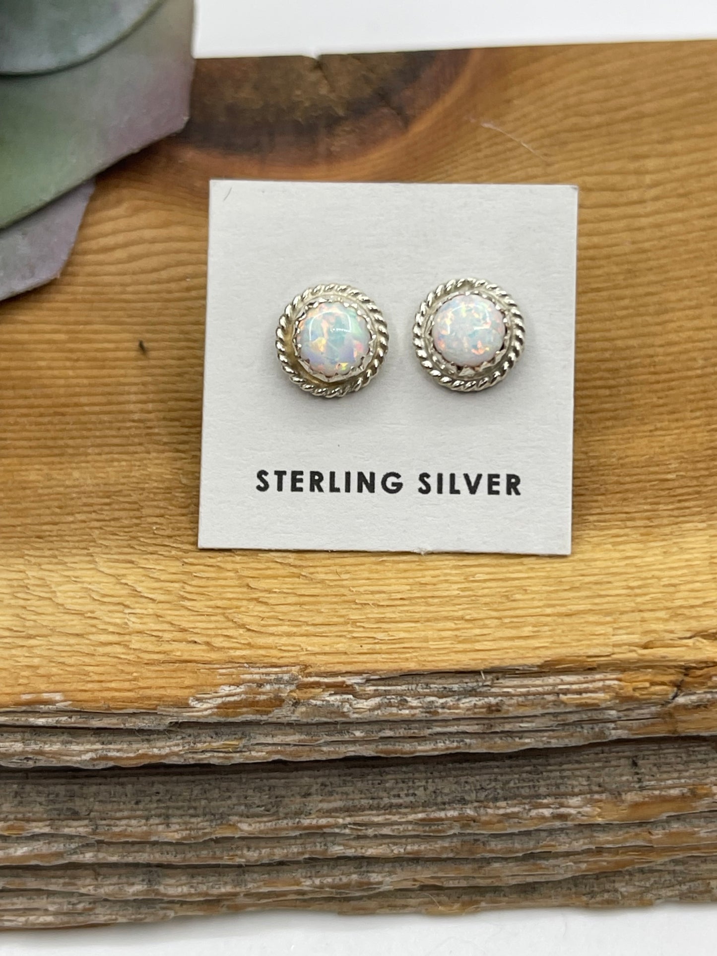 White Opal Circle Post Earrings by Larson Chee, Navajo