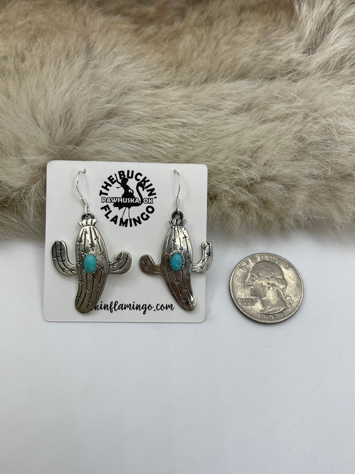 Cactus Dangle Earrings with Turquoise Stone by Jeremy Lee, Navajo