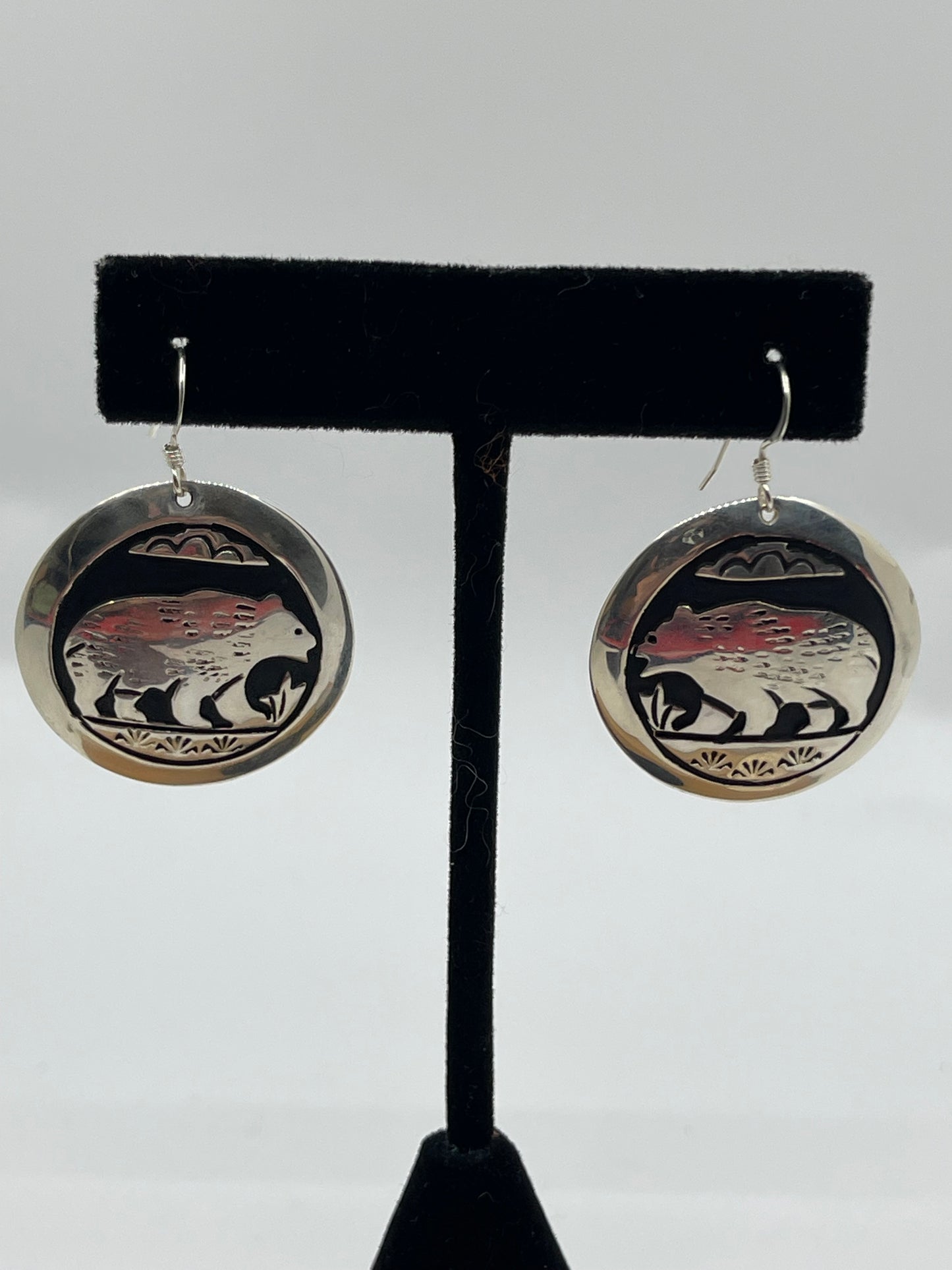 Silver Overlay Bear Circle Dangle Earrings by Tommy and Rose Singer, Navajo