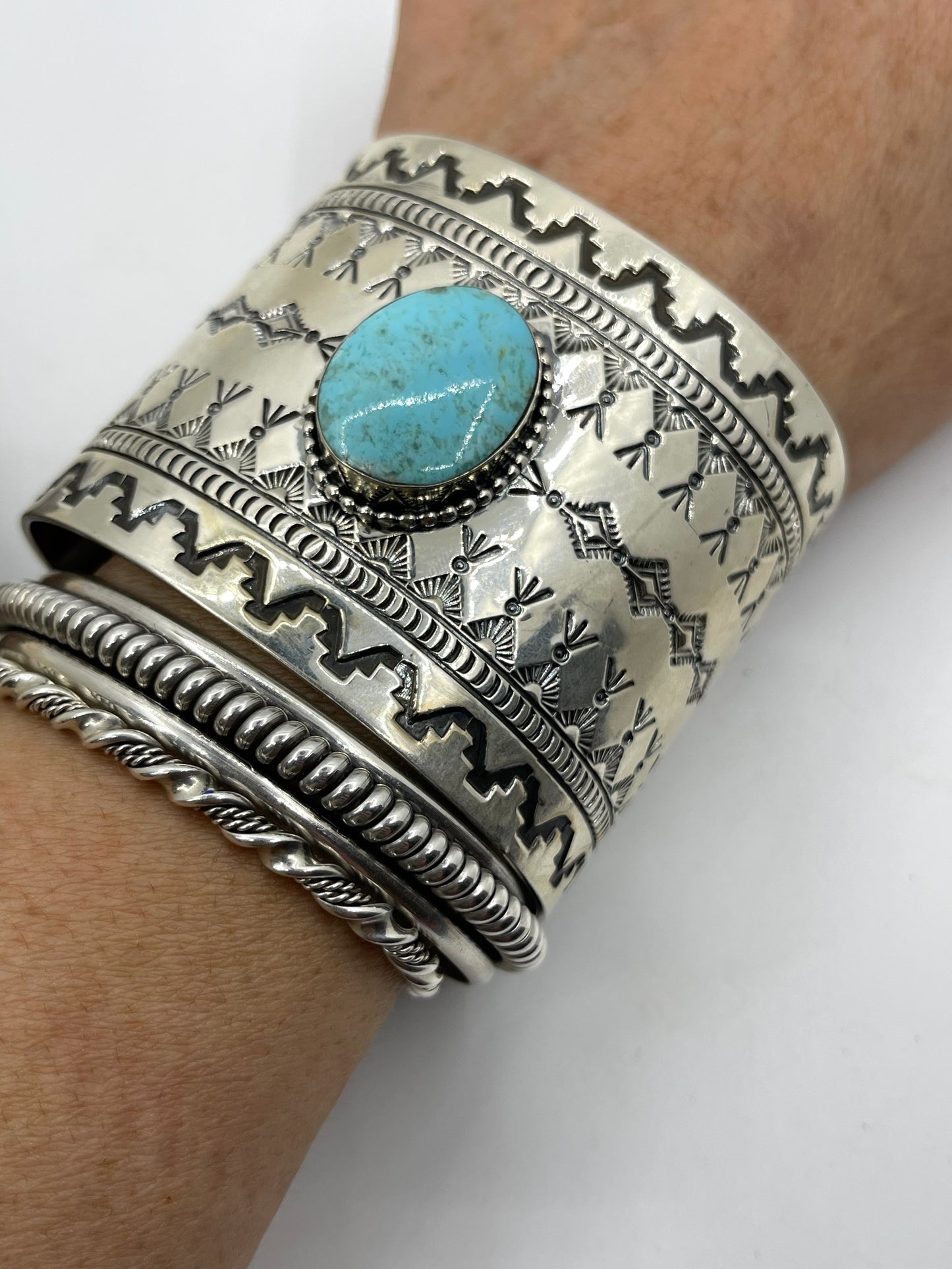7" Silver Overlay Turquoise Cuff by Jennifer Cayaditto, Navajo