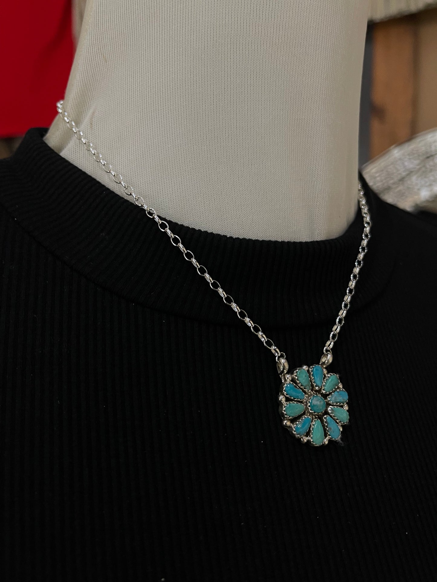 16" Turquoise Cluster Necklace by Alicia Wilson, Navajo