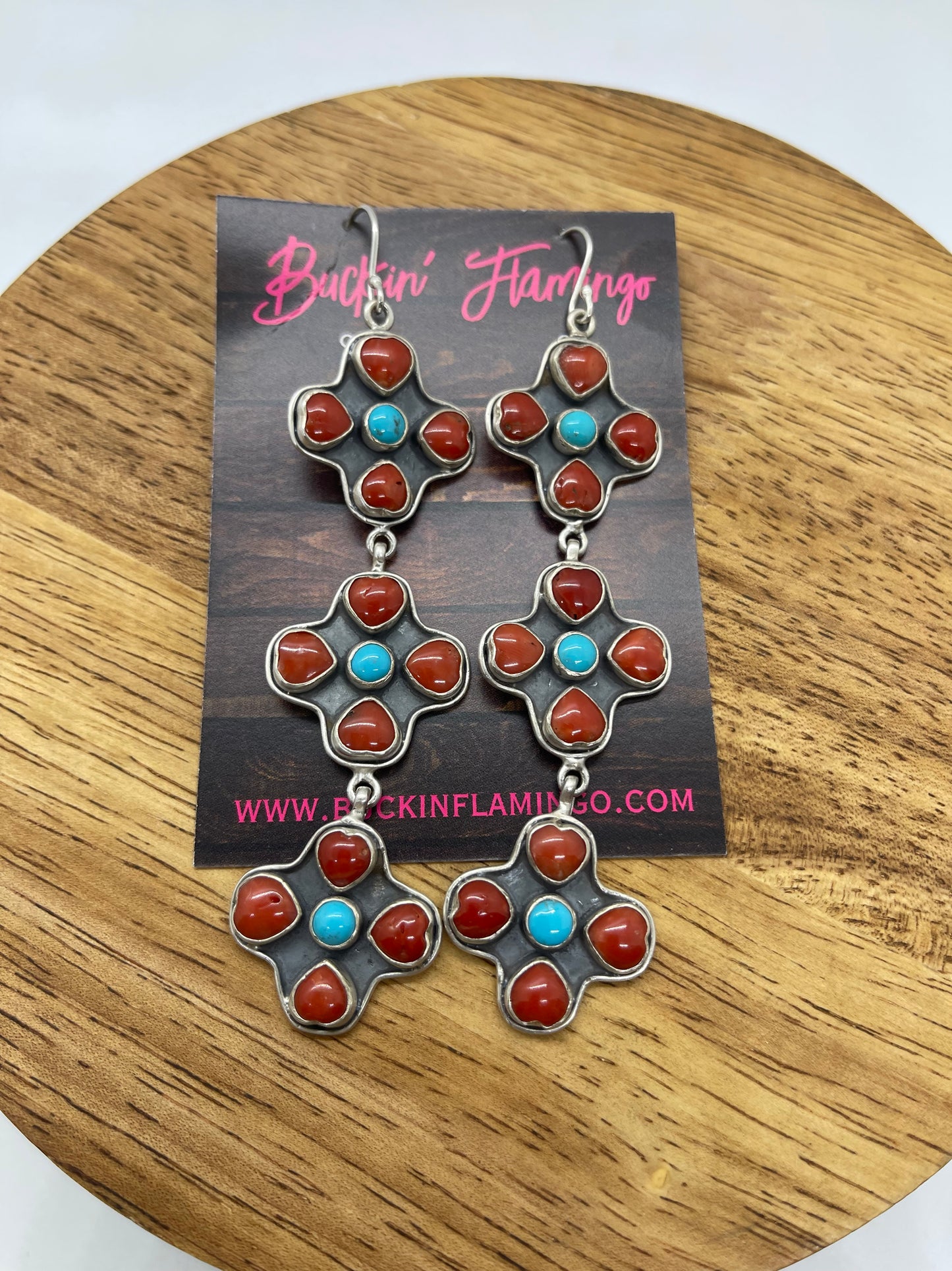 4" Coral and Turquoise Heart Cluster Dangle Earrings