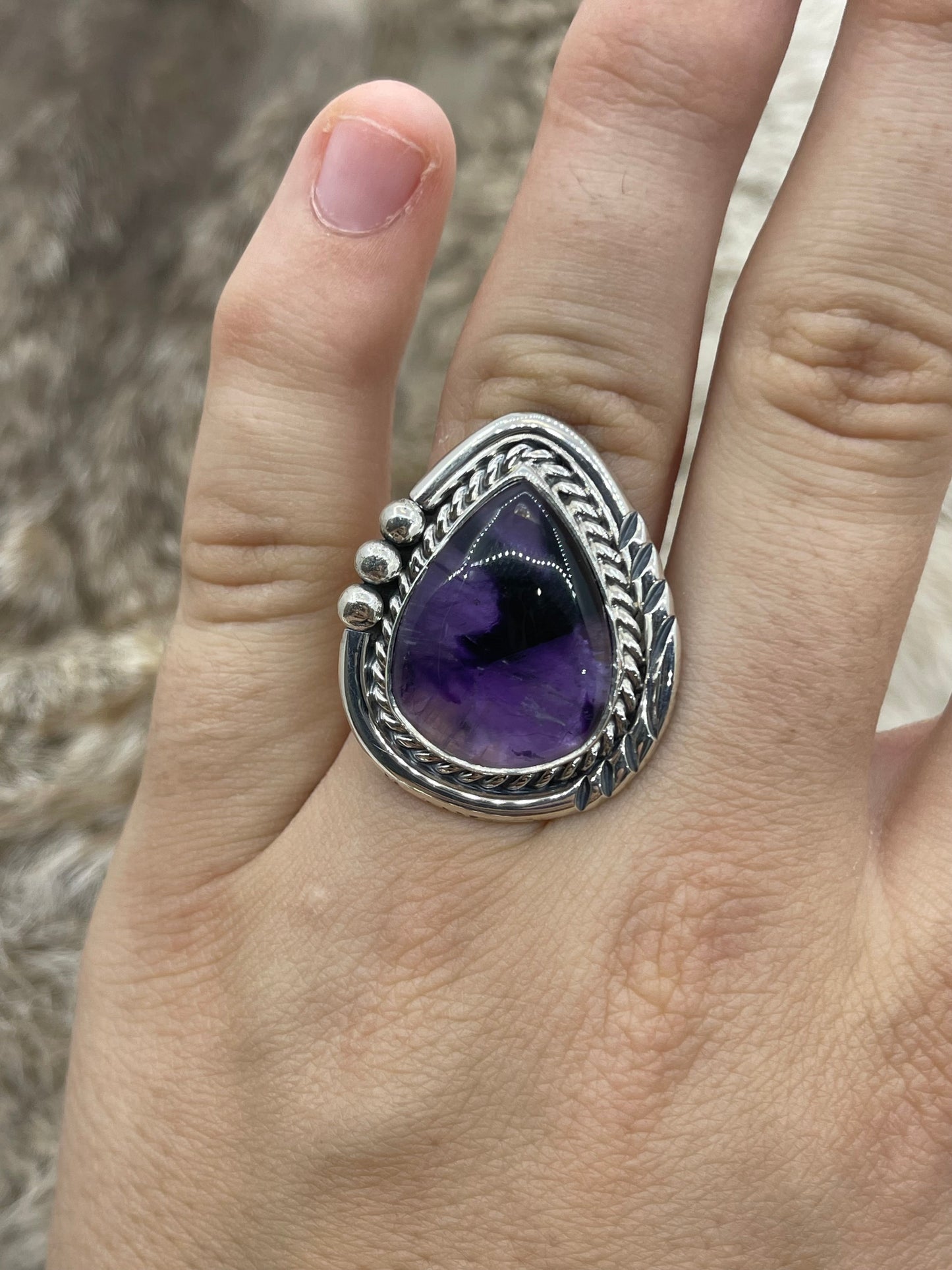7.0 Amethyst Teardrop Shape Ring by Ray Tom, Navajo