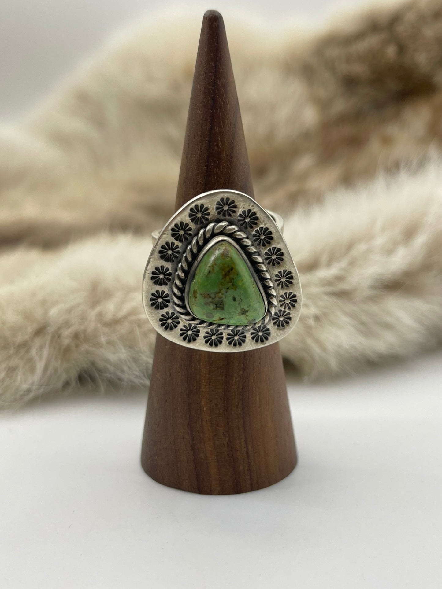 Adjustable 8.0-10.0 Green Turquoise Ring with Stamped Border Heavy Silver