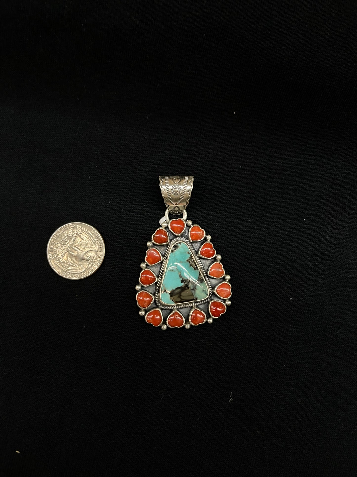 Red Coral and Turquoise Triangle Pendant by 10mm Bale by K. Nez, Navajo