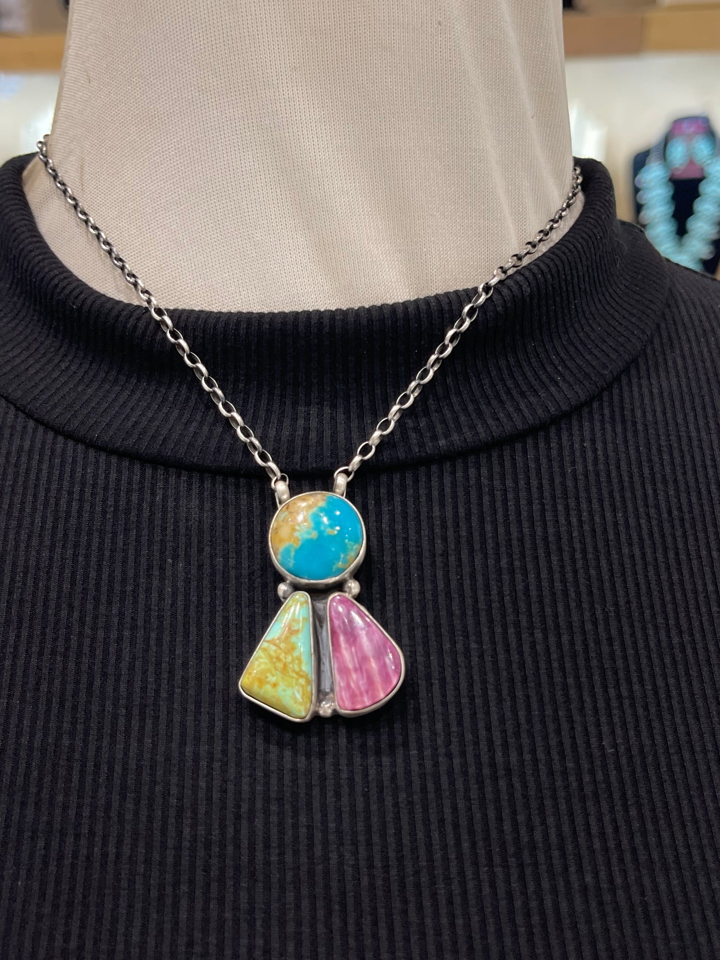 16 Inch Multi-Colored 3 Stone Cluster Necklace by Donovan Skeet, Navajo