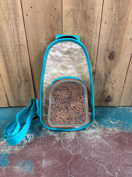 Turquoise Leather Brown And White Cowhide Tooled Sling Bag/Purse