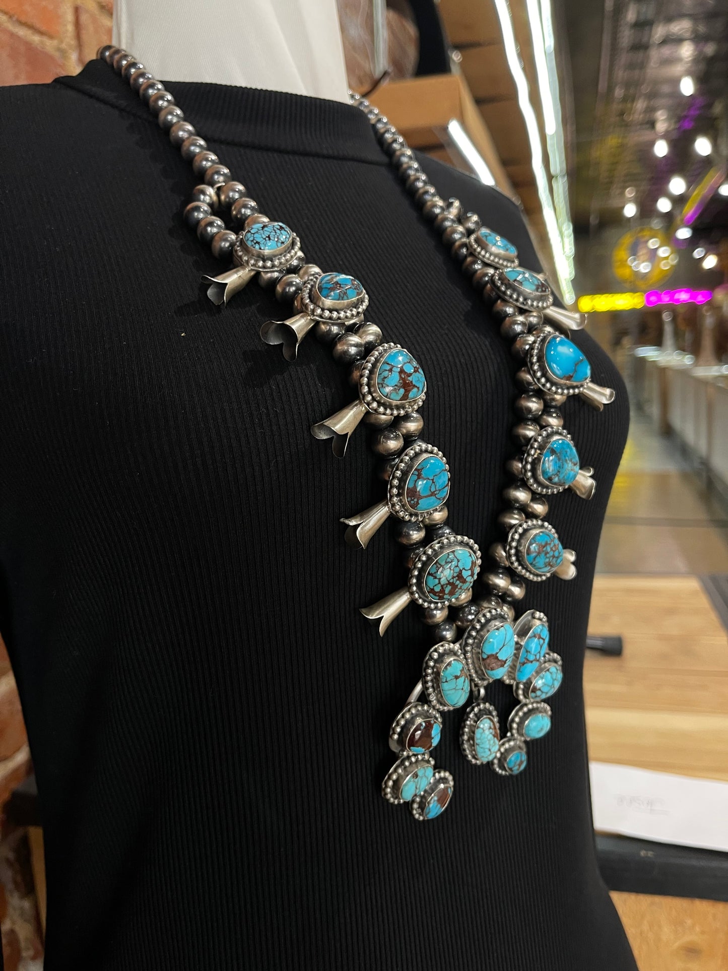30" Egyptian Turquoise Squash Blossom by Gilbert Nez, Navajo
