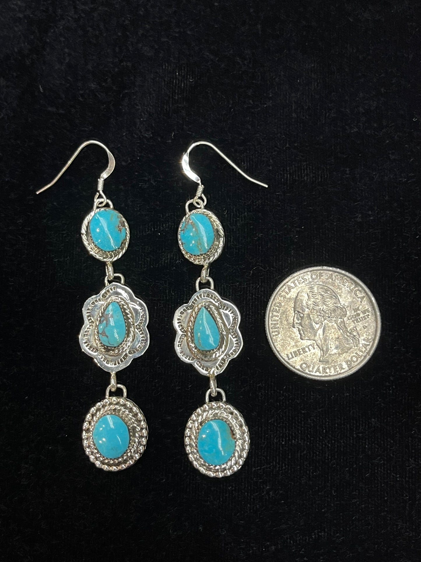 Three Stone Turquoise Dangle Earrings by Marie Jones, Navajo