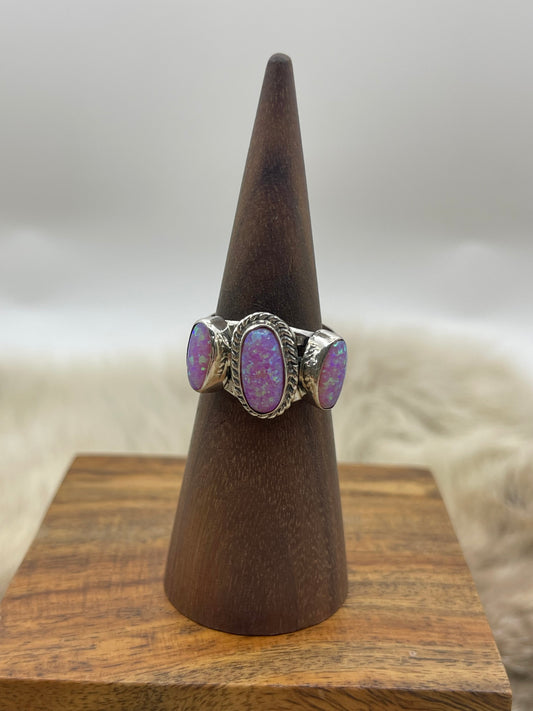 8.0 Pink Opal 3 Stone Ring by Andrew Vandever, Navajo