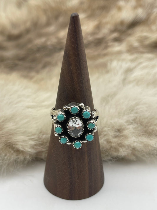 11.0 Turquoise & Quartz Ring by Sheena Jack, Navajo