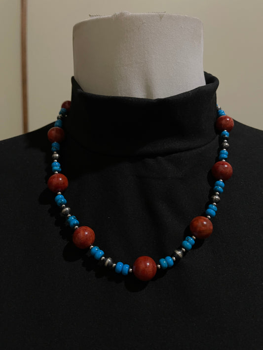 20" Turquoise, 14mm Red apple Coral, 3mm Silver Beaded Necklace
