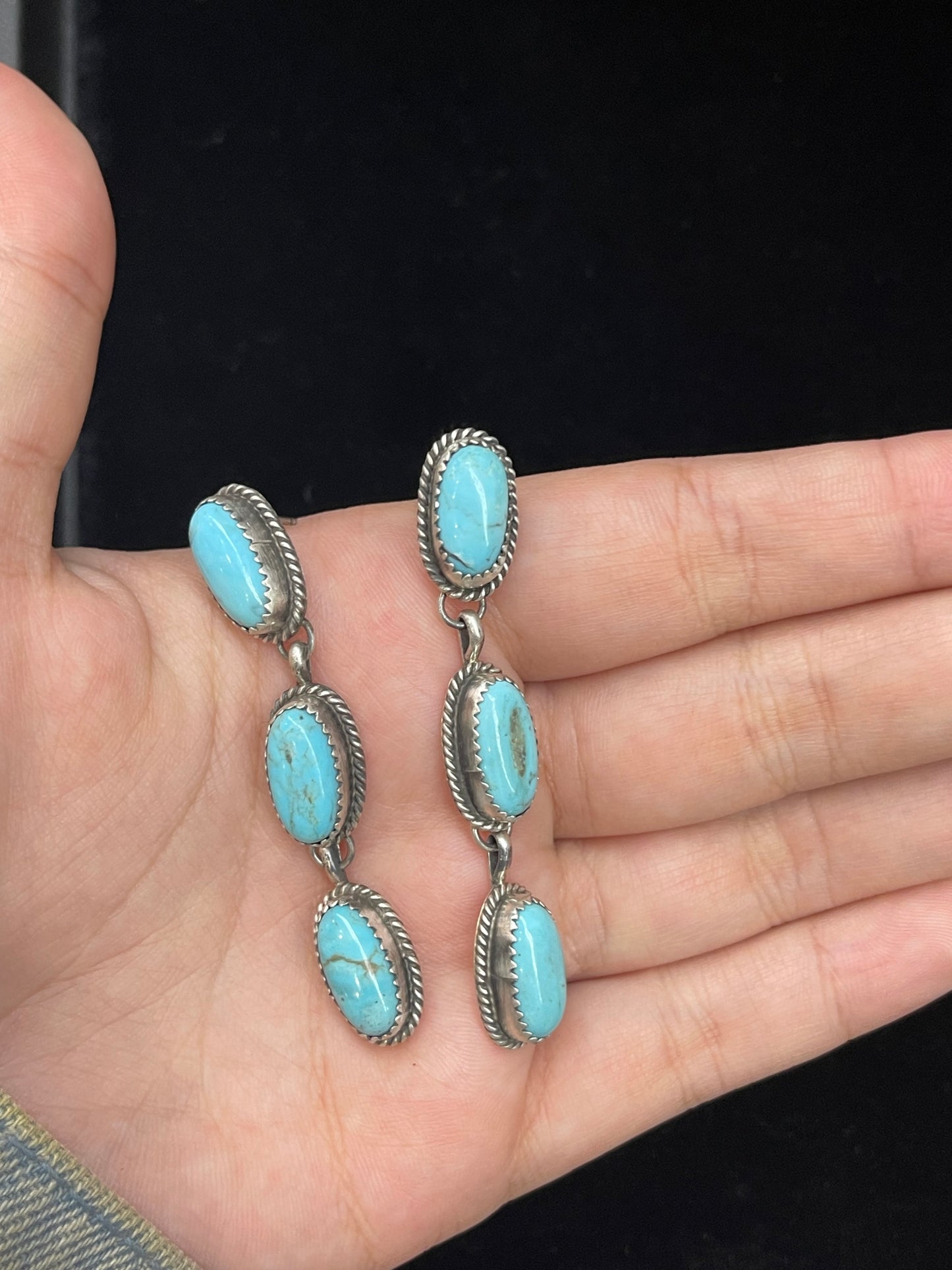 3 Stone Turquoise Post Dangle Earrings by Freda Martinez, Navajo