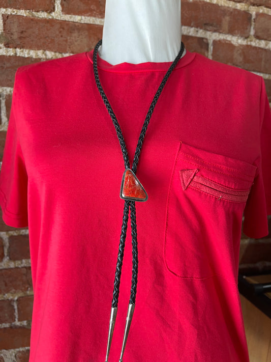 Red Coral Bolo Tie by Marie Jackson, Navajo