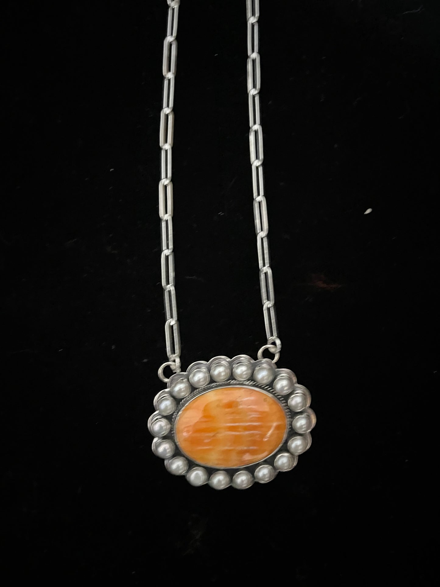18" Orange Spiny Oyster Shell and Fresh Water Pearls Cluster Necklace, By Zia
