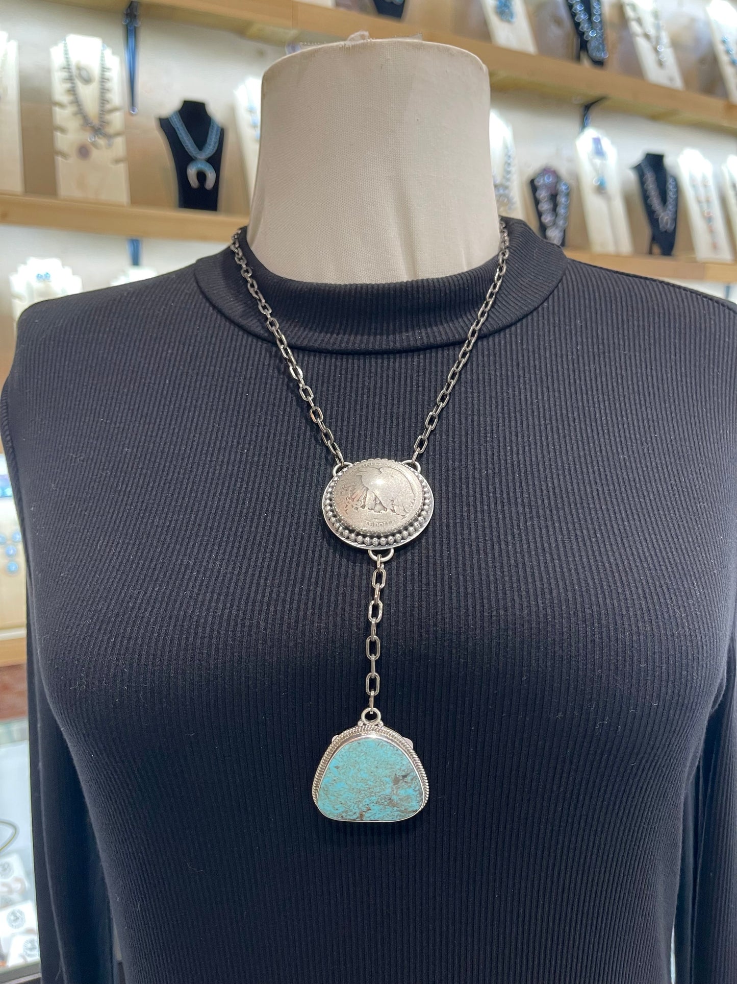 20"+5" Drop Turquoise and Half Dollar Necklace by Gilbert Nez, Navajo