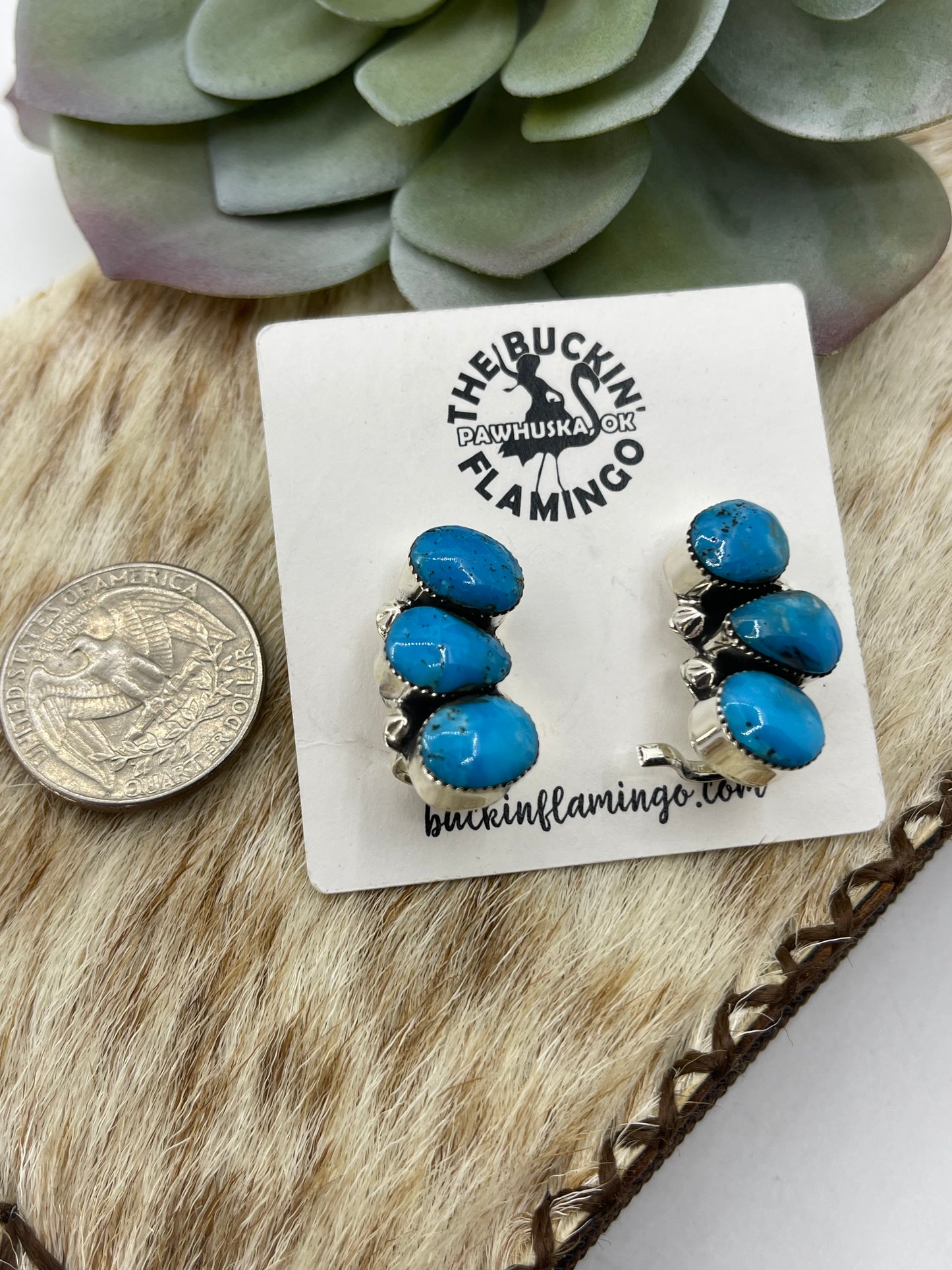 3 Stone Turquoise Mini Ear Climber Post Earrings by David Lopez, Navajo
