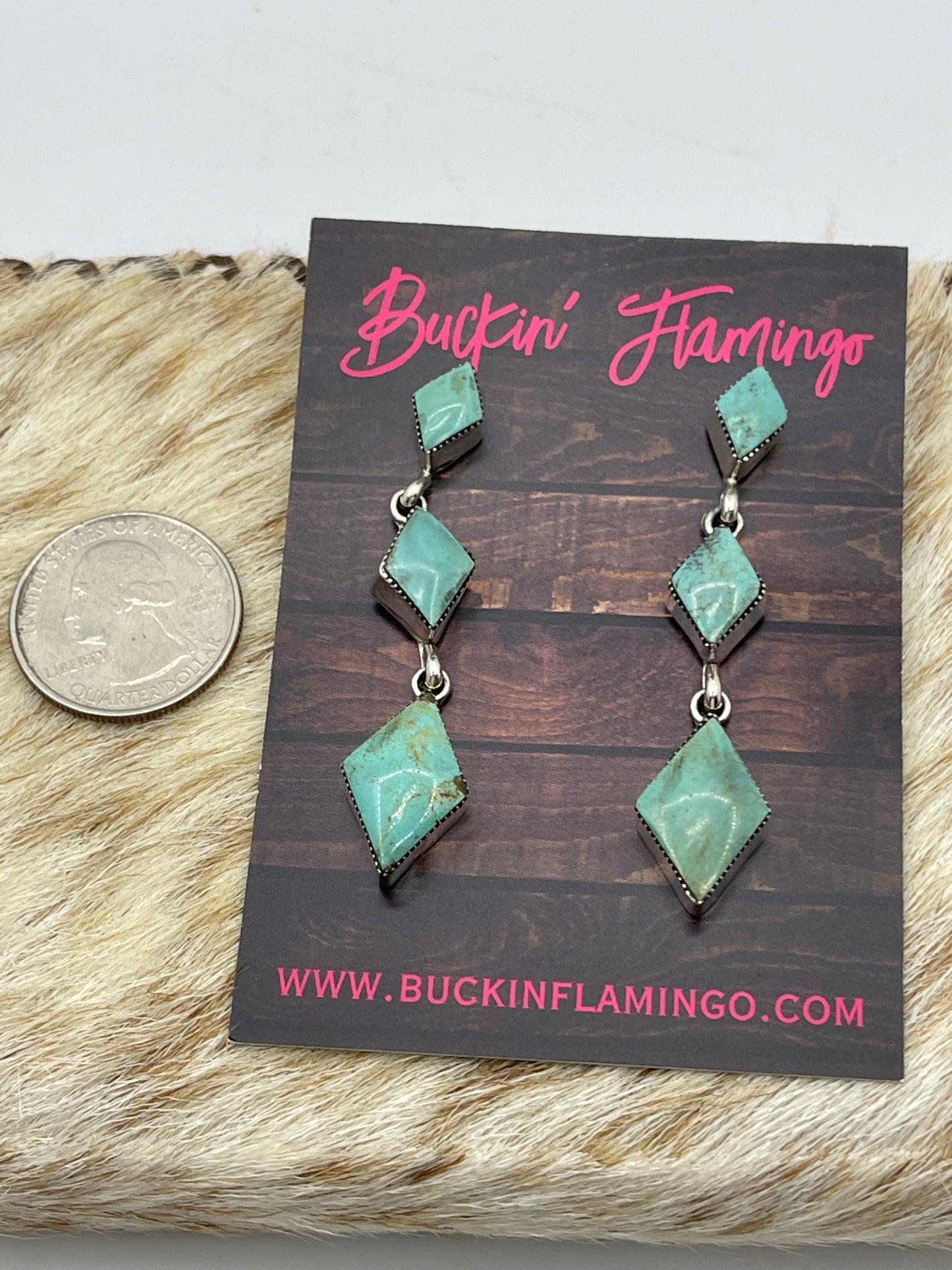 3 Stone Kingman Turquoise Diamond Shaped Post Dangle Earrings by Jimson Belin, Navajo