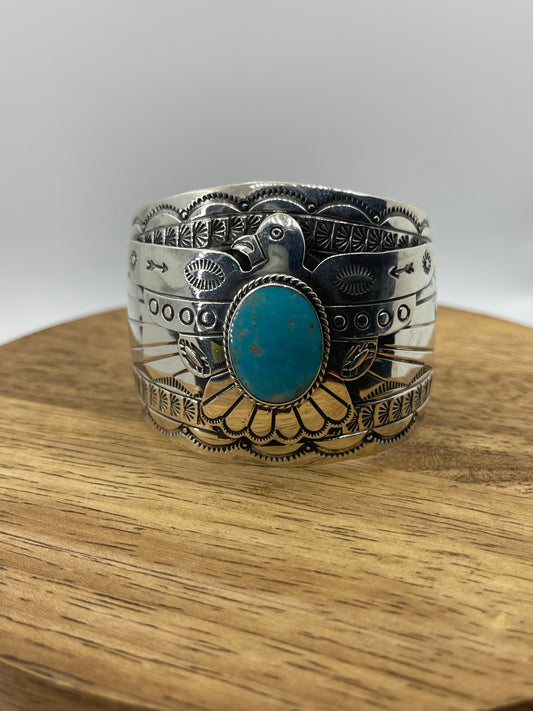 Thunderbird Cuff w/Turquoise by Evelyn BaHe, Navajo