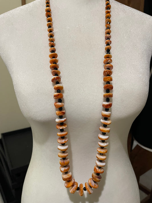 36" Graduated Orange Spiny Oyster Shell and Black Onyx Faceted Beaded Necklace