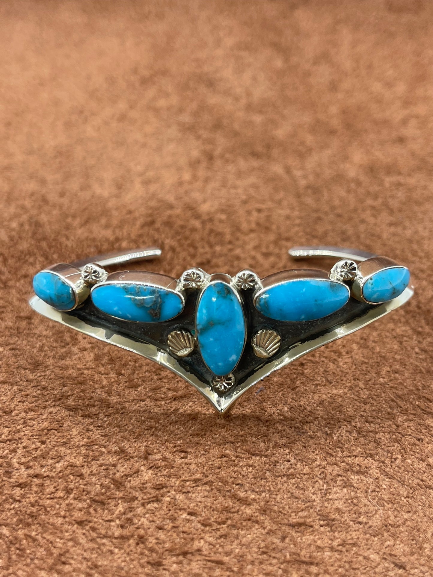 6 1/4"-7" 5 Stone Turquoise Chevron Cuff by Calvin Belin, Navajo