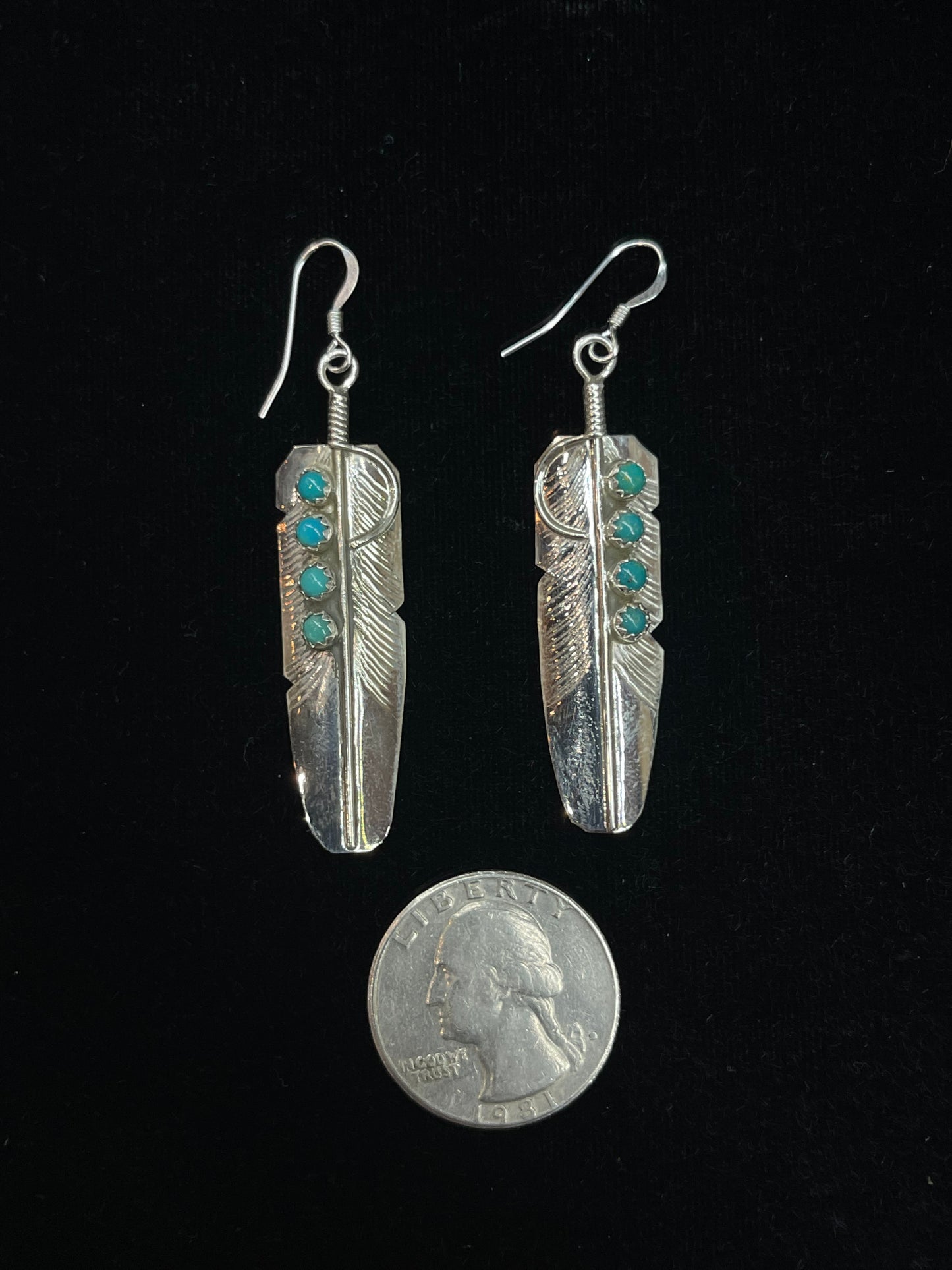 Dangle Feather Earrings with Turquoise Stones by Chester Charlie, Navajo