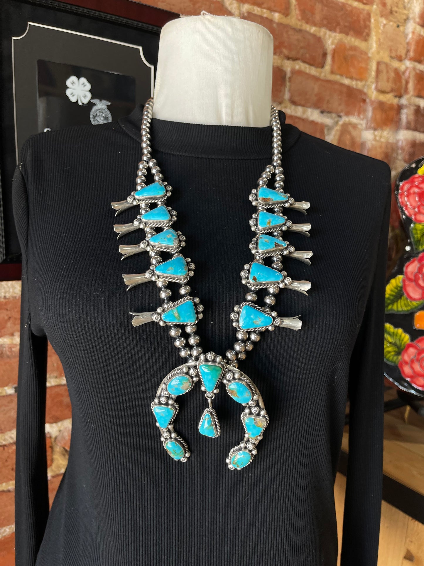 30" Sonoran Gold Turquoise Squash Blossom with 7mm Navajo Pearls by Tom Lewis, Navajo