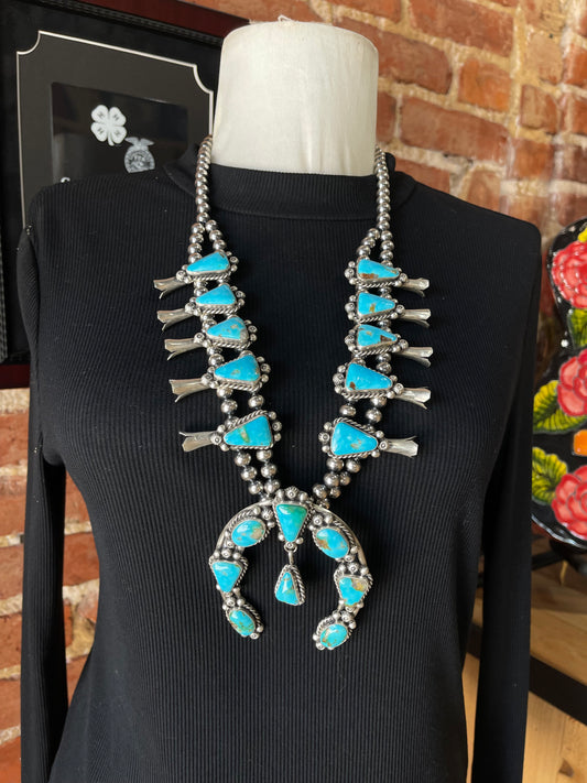 30" Sonoran Gold Turquoise Squash Blossom with 7mm Navajo Pearls by Tom Lewis, Navajo