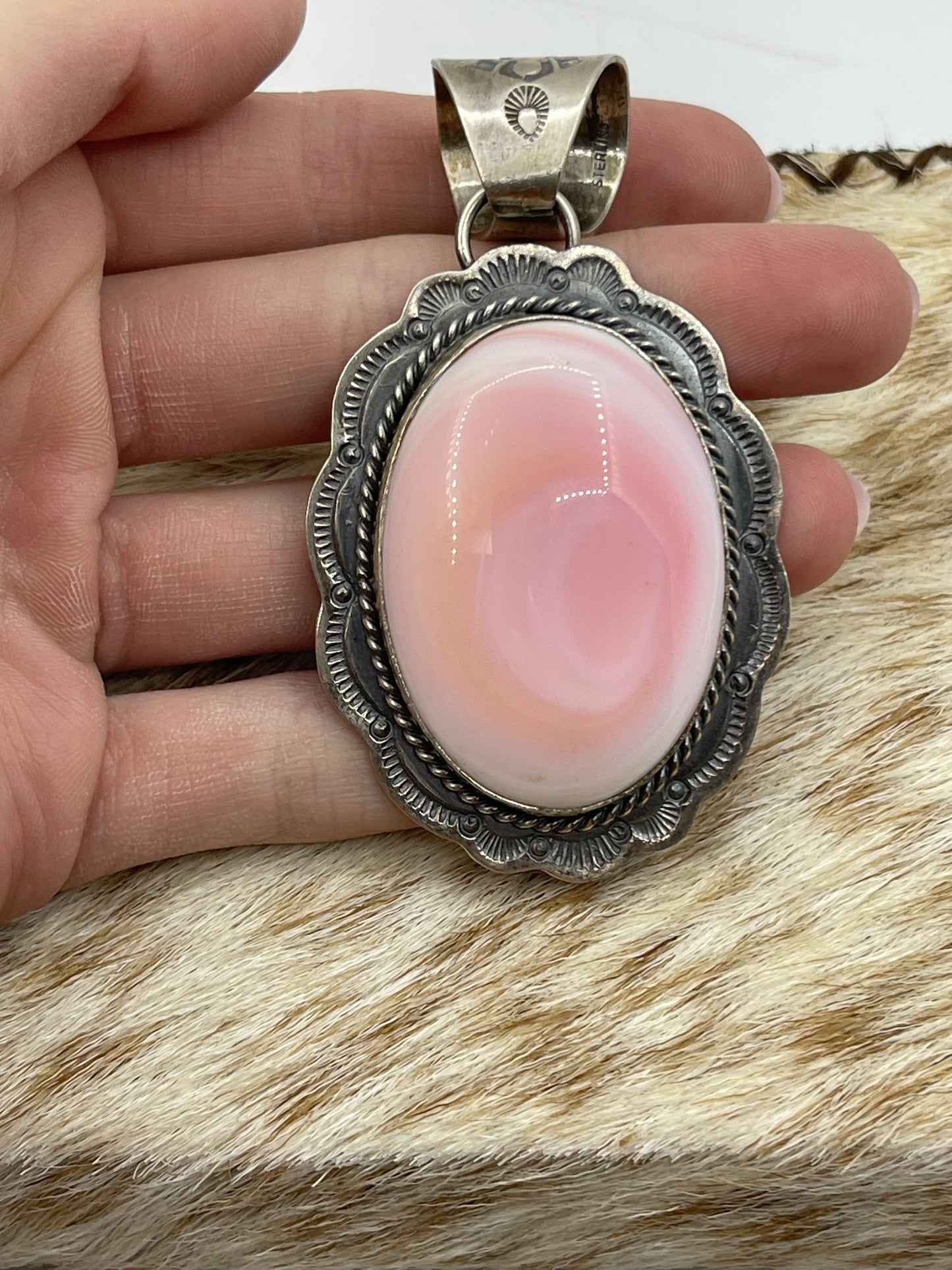 Pink Conch Shell Oval Pendant with a 13mm Bale by John Nelson, Navajo