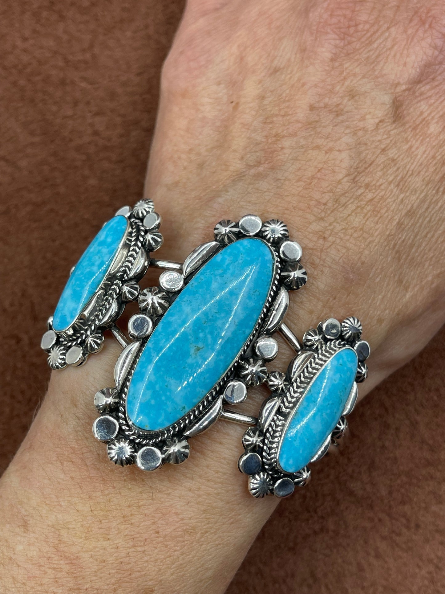 5 3/4"-6 3/4" 3 Stone Turquoise Oval Cuff by David Lopez, Navajo