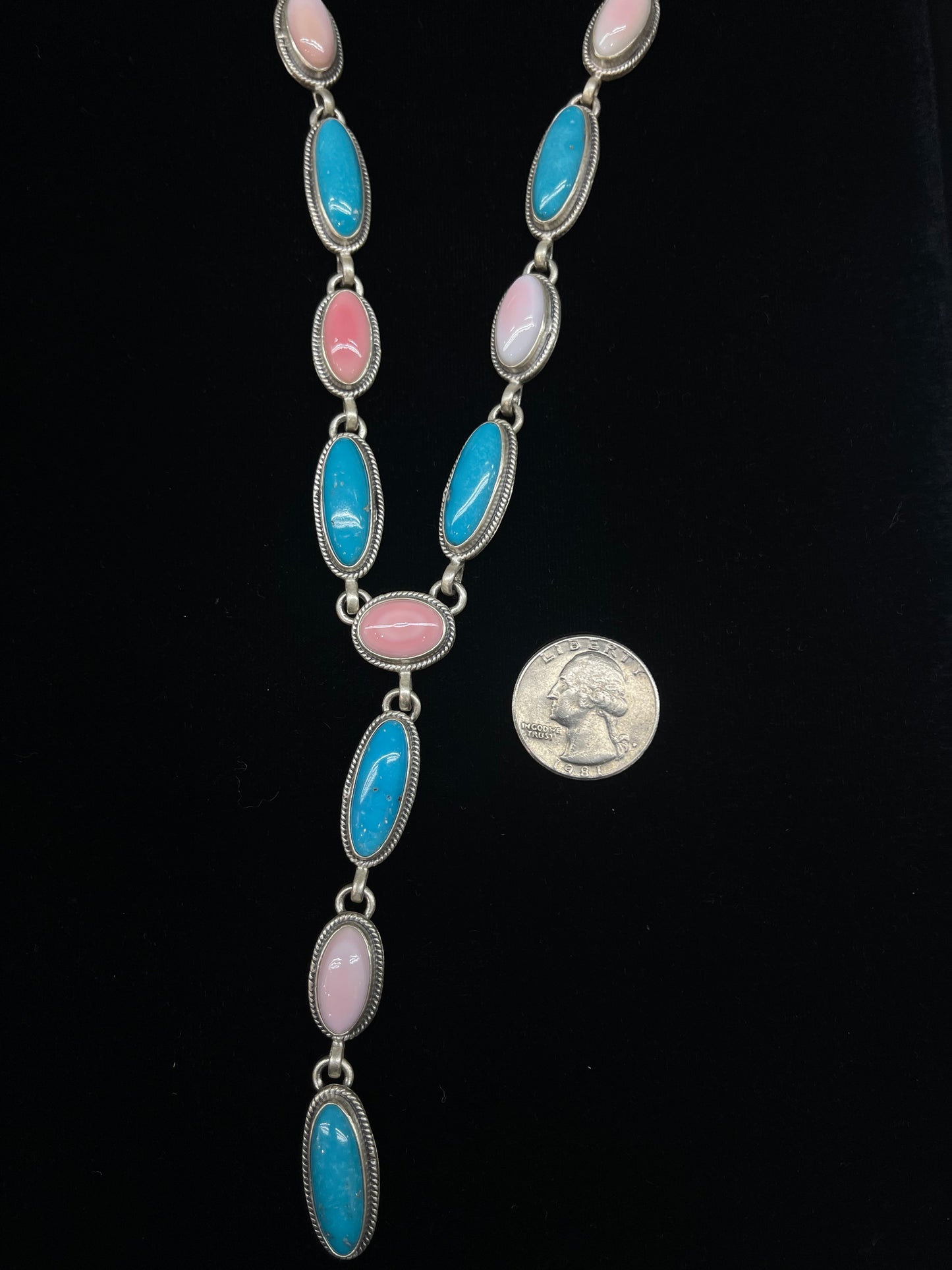 30" Pink Conch Shell and Turquoise Oval Lariat Necklace by Zia