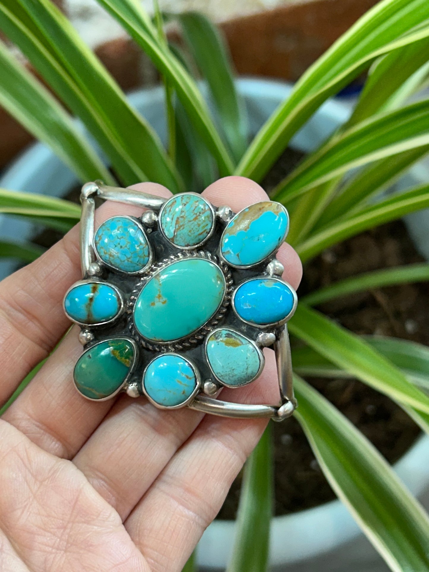 5.5"-7" Kingman Turquoise Cluster Cuff by Geraldine James, Navajo