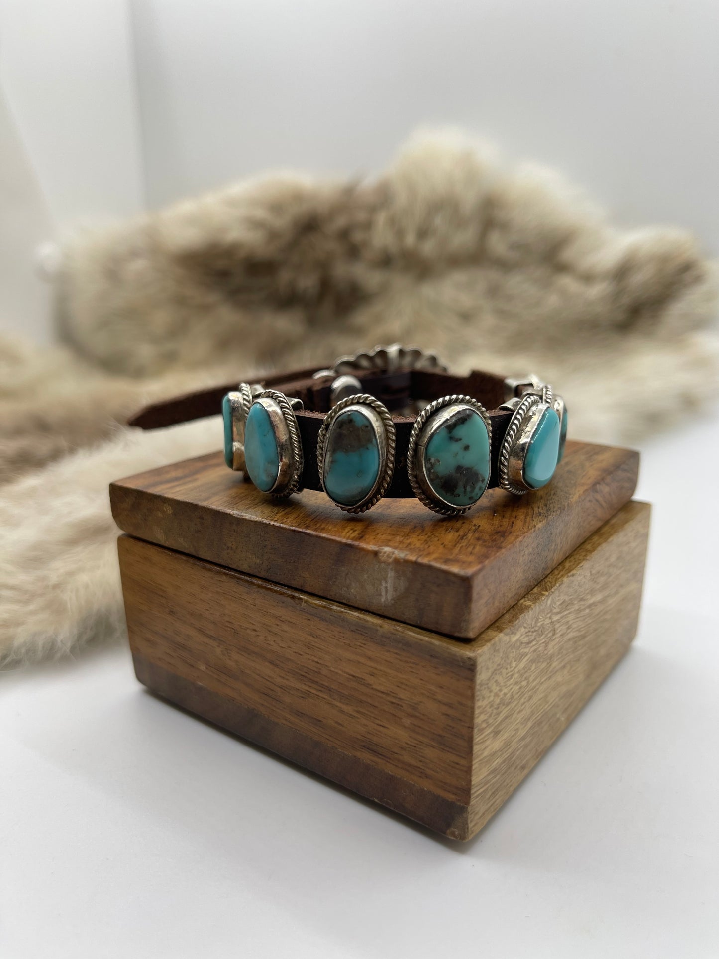 Kingman Turquoise and Pink Conch Shell on Leather by Daniel Morgan, Navajo