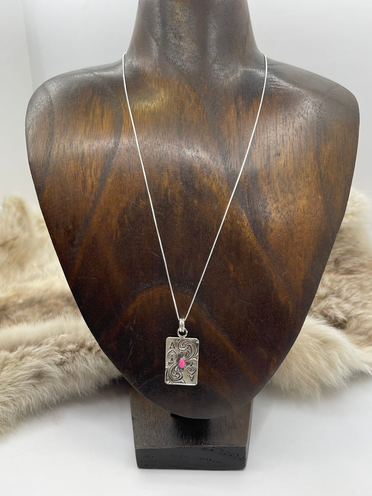 18" Hot Pink Opal Ace of Spades Playing Card Necklace by Mike Smith, Navajo