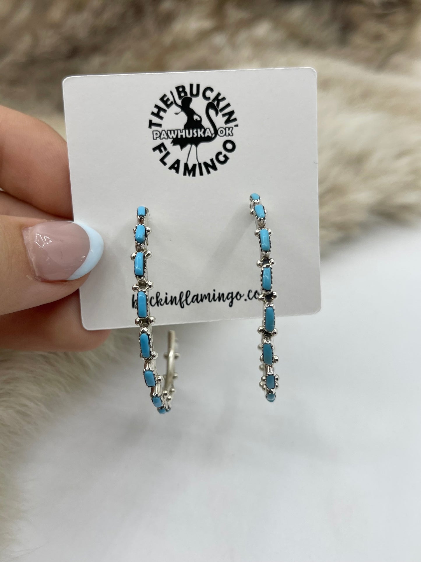 NEEDLEPOINT TURQUOISE HOOP EARRINGS BY ALVIN & AURELIA HAUGHTE, ZUNI