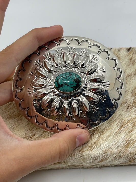 3 1/2"x3" Stamped Silber Buckle with Turquoise Stone by NB, Navajo
