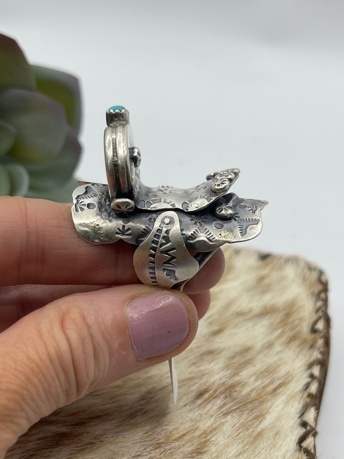 11.0 Silver Saddle Ring with Turquoise Stone by Tim Yazzie, Navajo