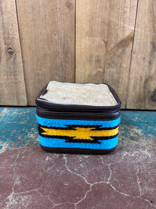 Small Square Tan Cowhide Blue Knitted Jewelry Box