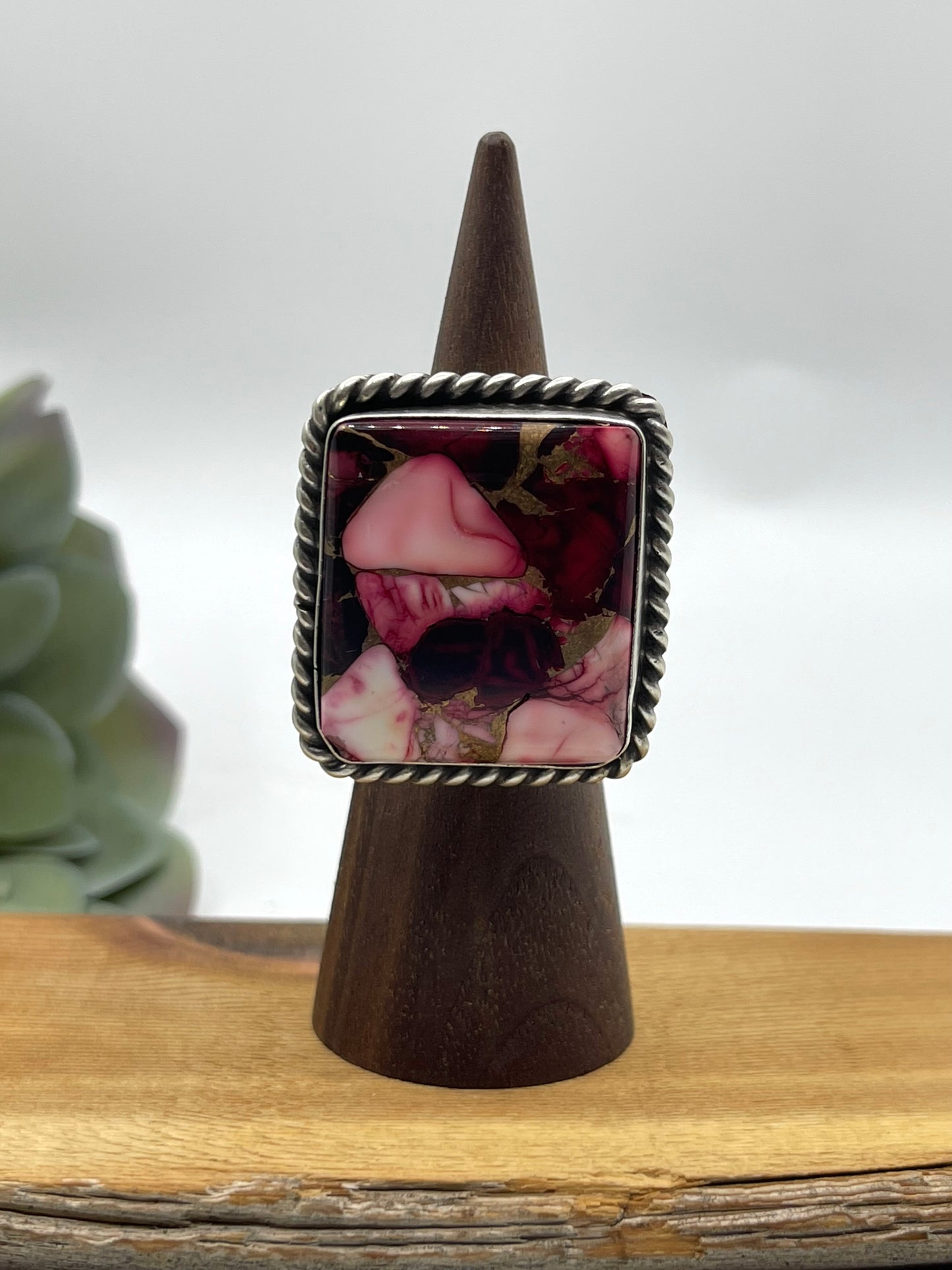 Adjustable 6.0-11.0 Dahlia Rose Square Ring by Augustine Largo, Navajo