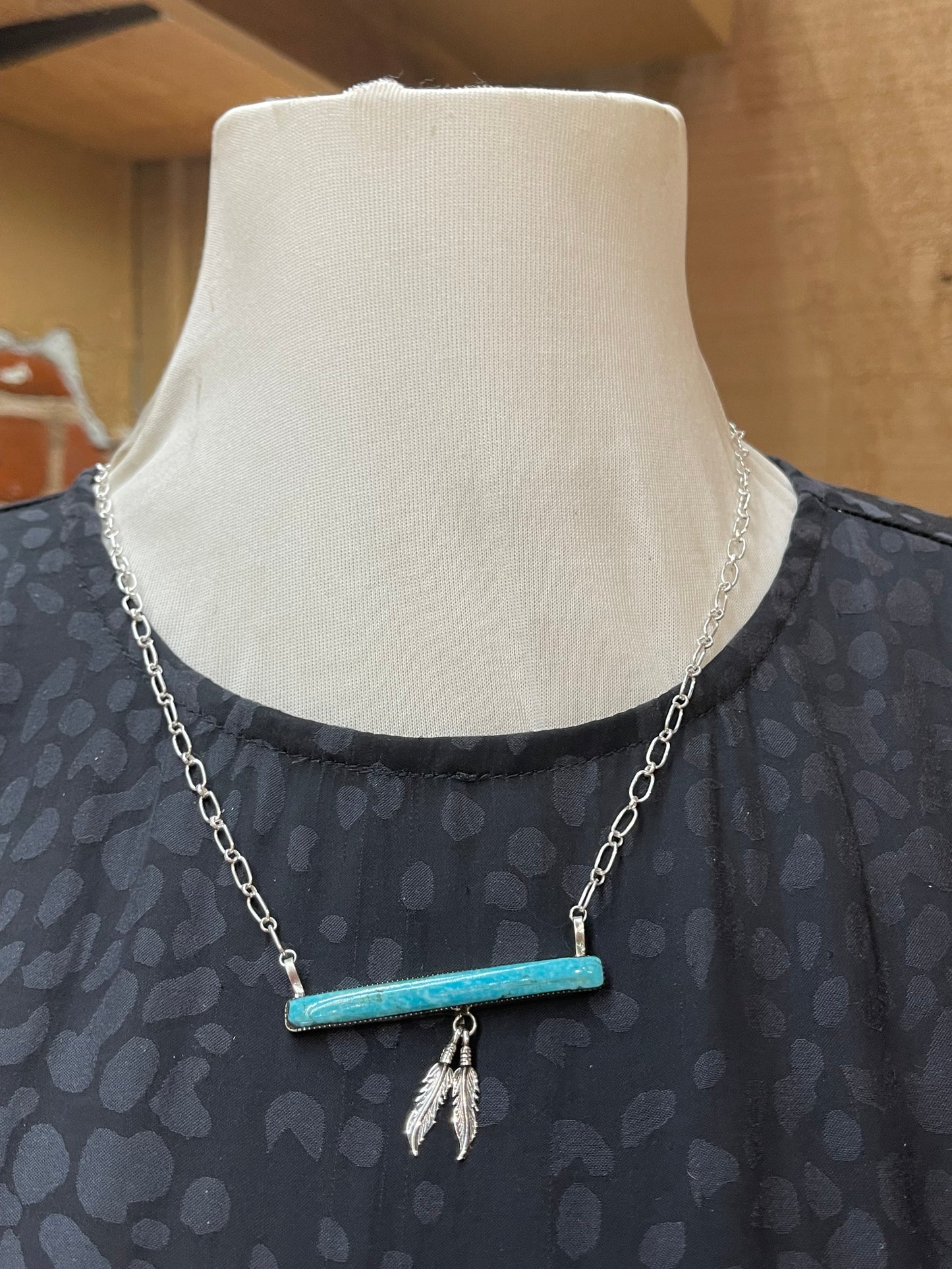 18" Turquoise Bar Necklace with Feathers by Angie Platero, Navajo