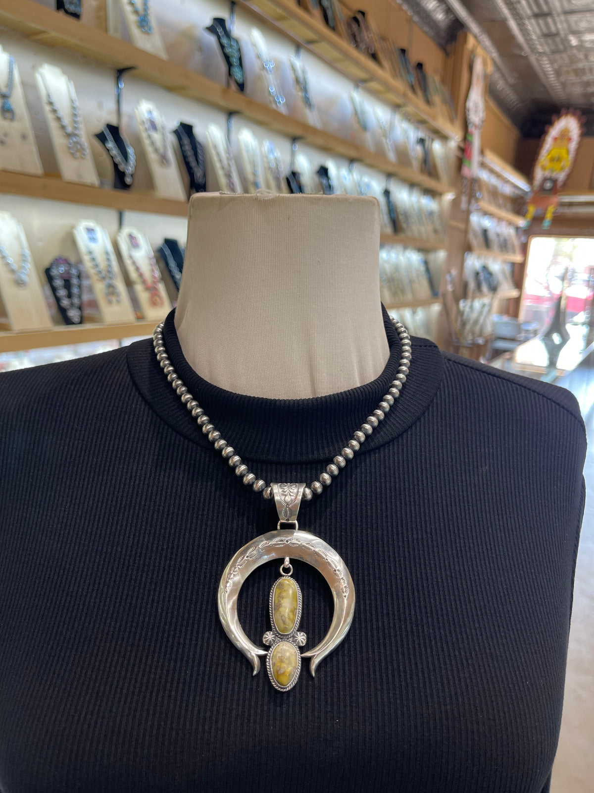 18" 6mm Navajo Style Pearls 2 Stone Palomino Turquoise Naja Pendant by Derrick Gordon, Navajo