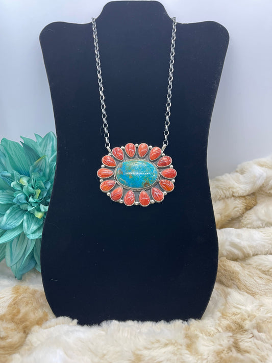 16" Red Spiny Oyster & Turquoise Cluster Necklace