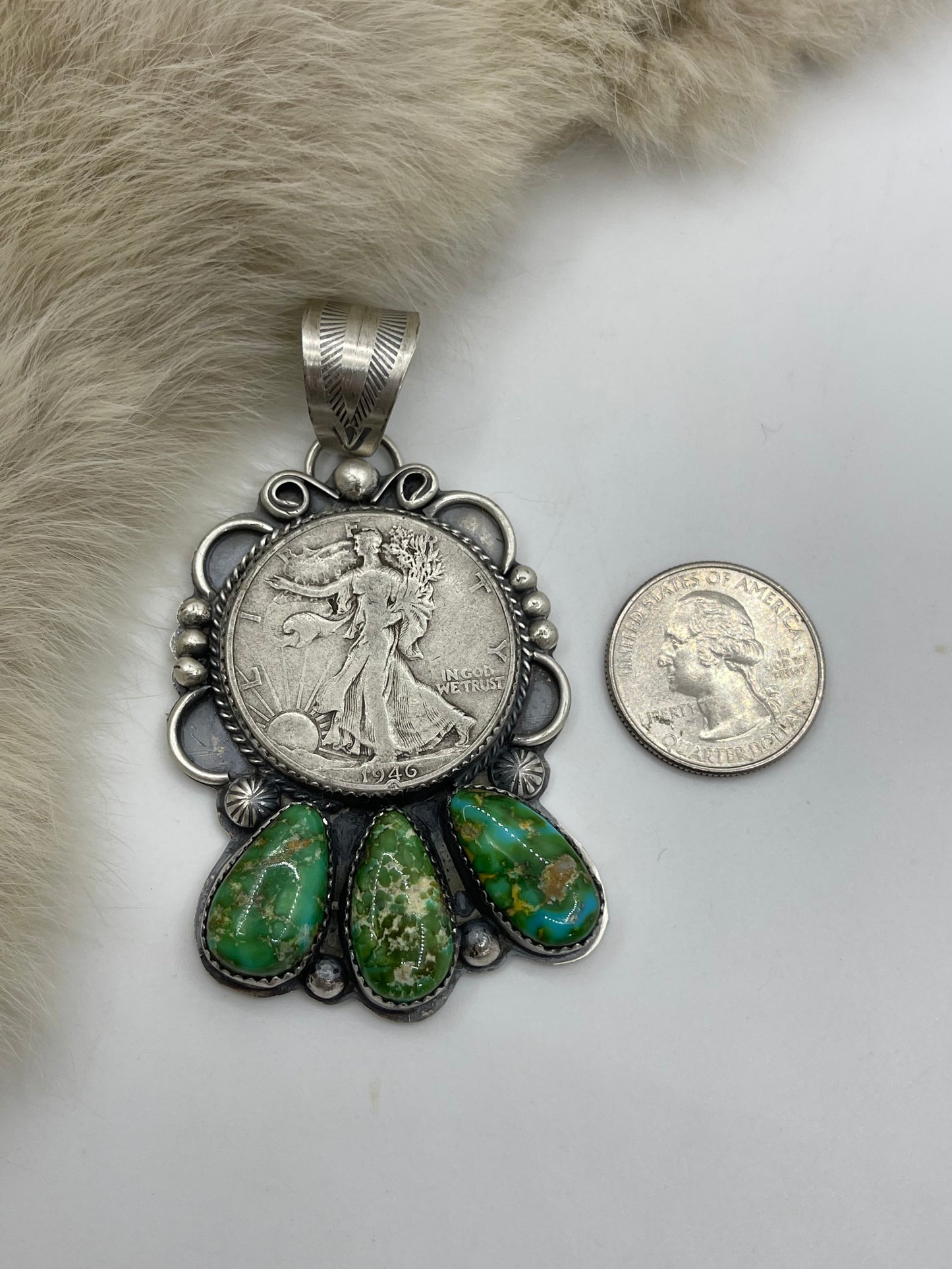 11.5mm Bale Sonoran Gold Turquoise 1946 Silver Dollar Pendant By Boyd Ashley, Navajo