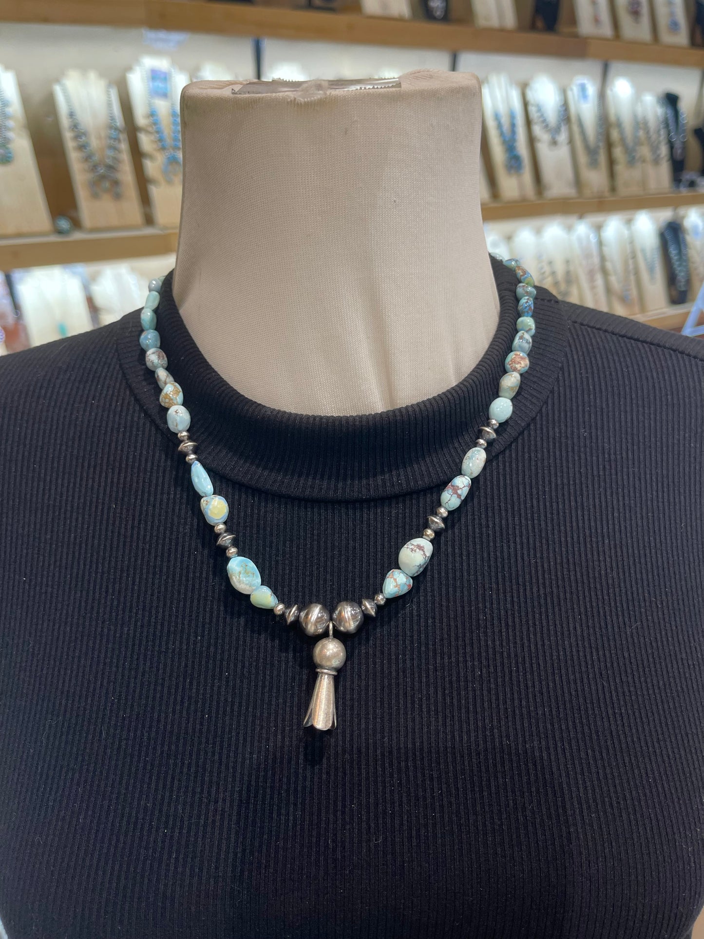 19" Golden Hills Turquoise with Navajo Pearl and Blossom Necklace