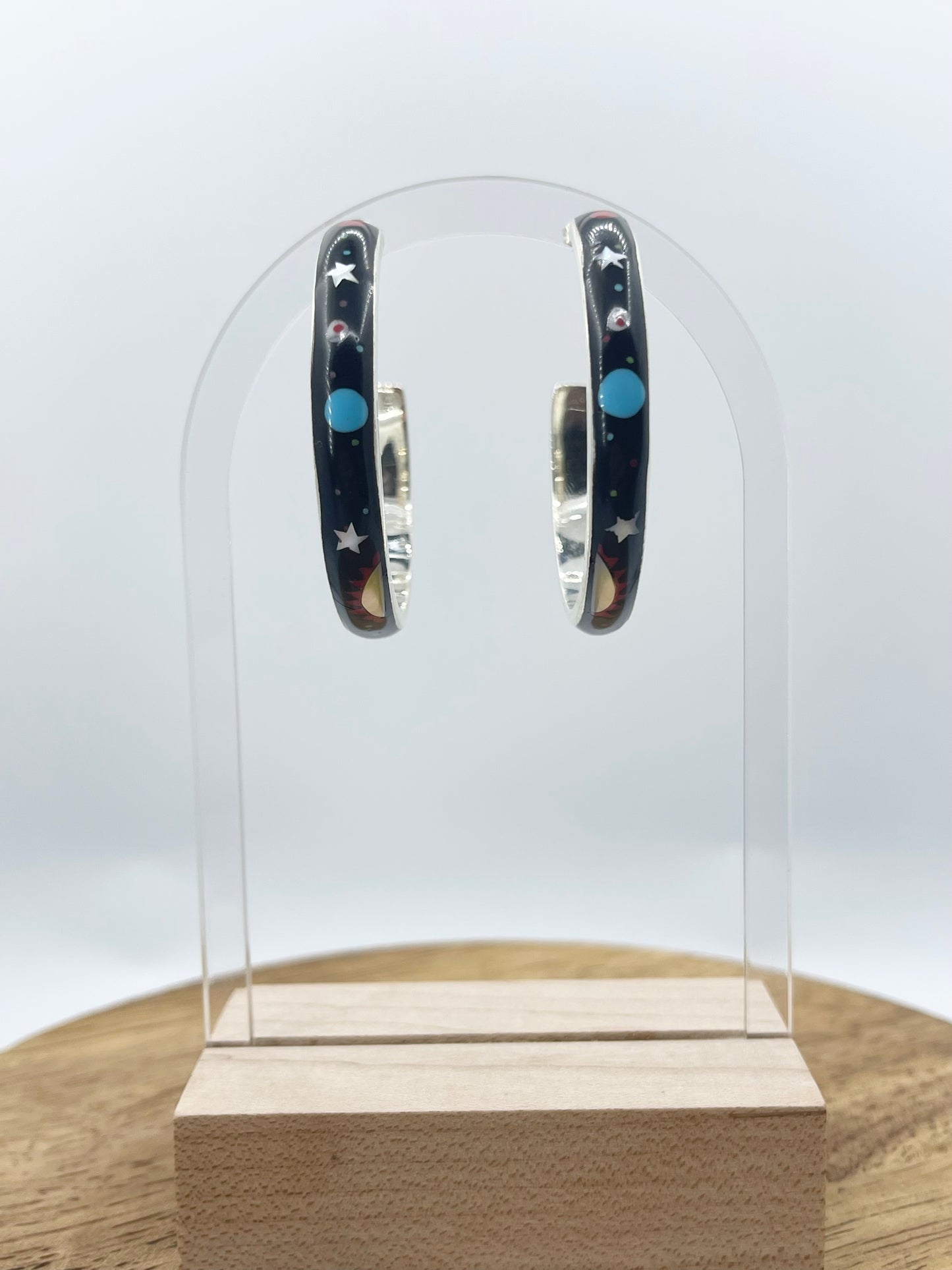 Micro Cosmic Inlay Post Hoop Earrings (Pattern Varies)