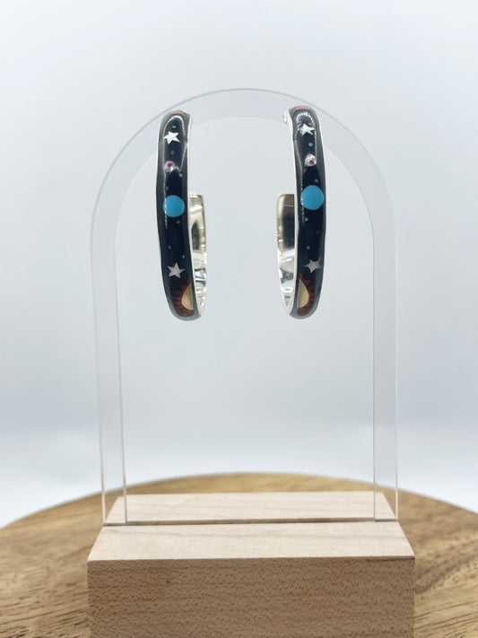 Micro Cosmic Inlay Post Hoop Earrings (Pattern Varies)