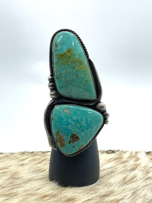 Two Stone Emerald Valley Turquoise 9.0 - 10.0 Adjustable Ring by Boyd J. Ashley, Navajo